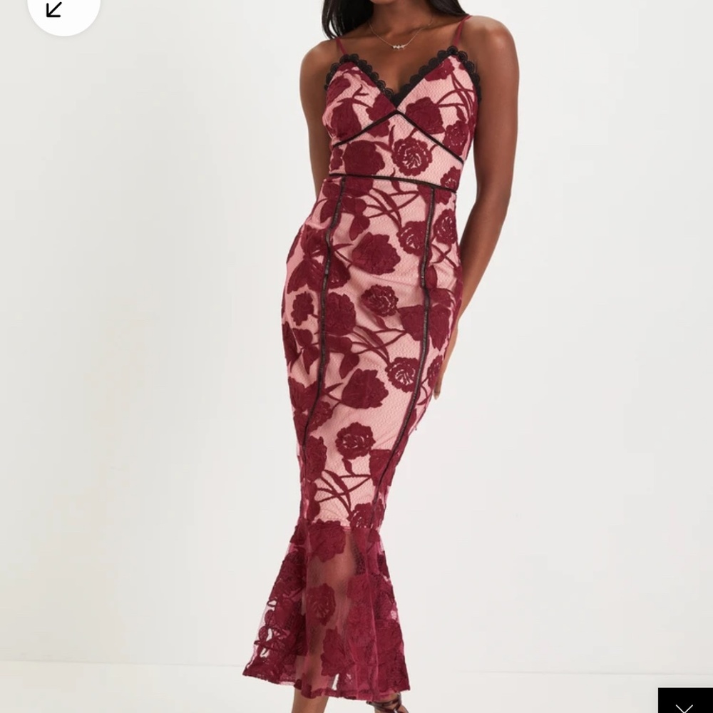 Lulus burgundy floral mesh lace trumpet midi dress